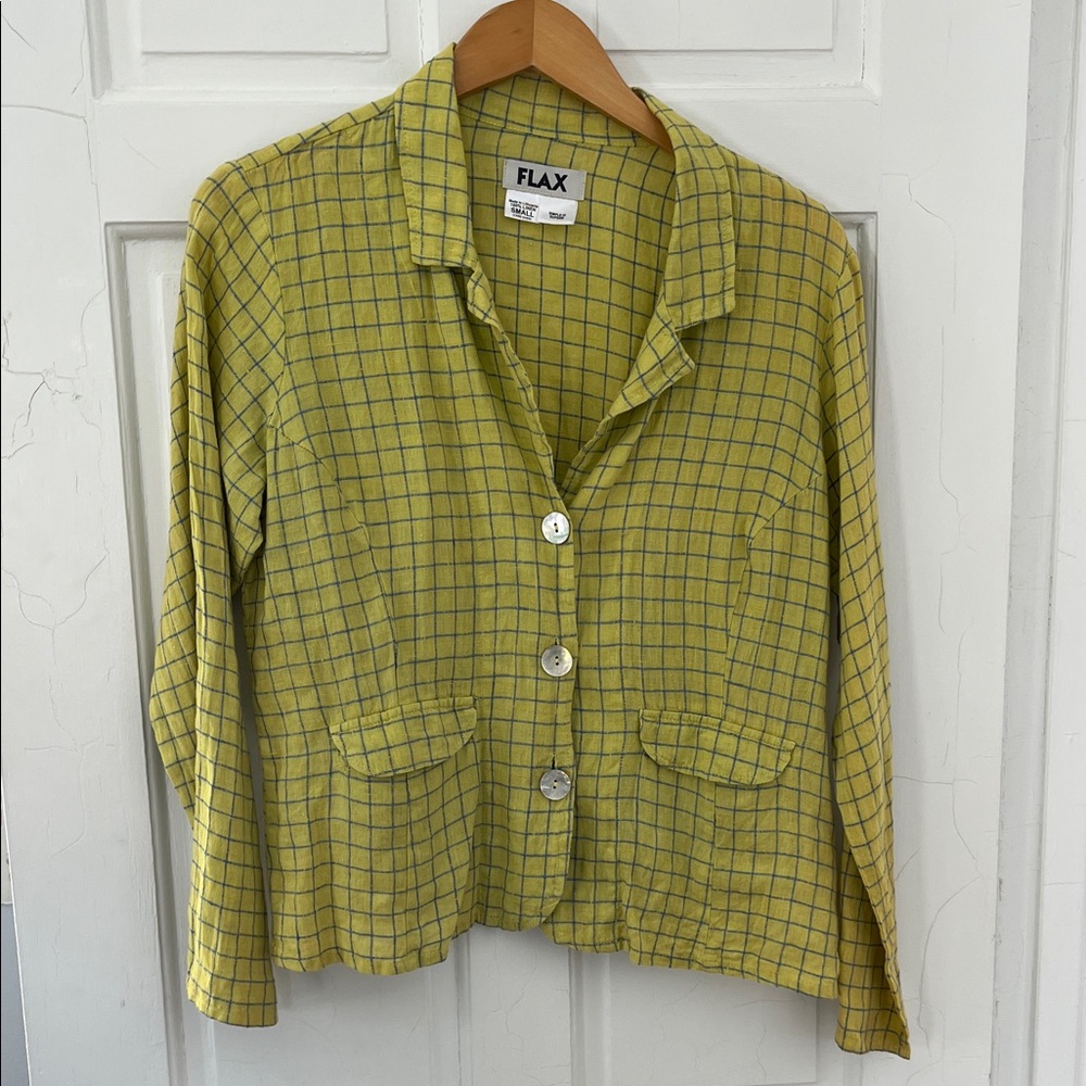 Flax Yellow-Green Windowpane Button-Down Linen Blend Shirt